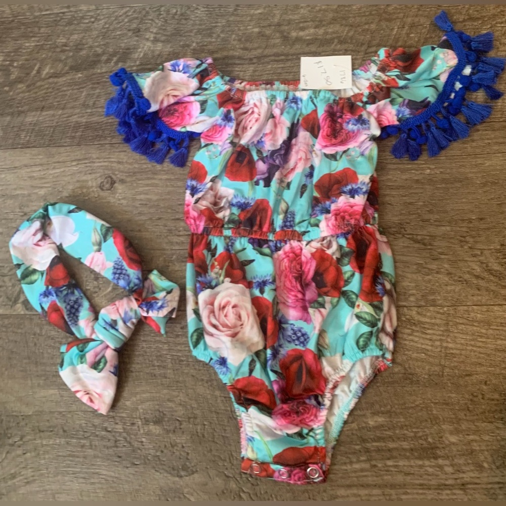 Source Unknown Floral Kids Bodysuit with Headband - Blue and Pink